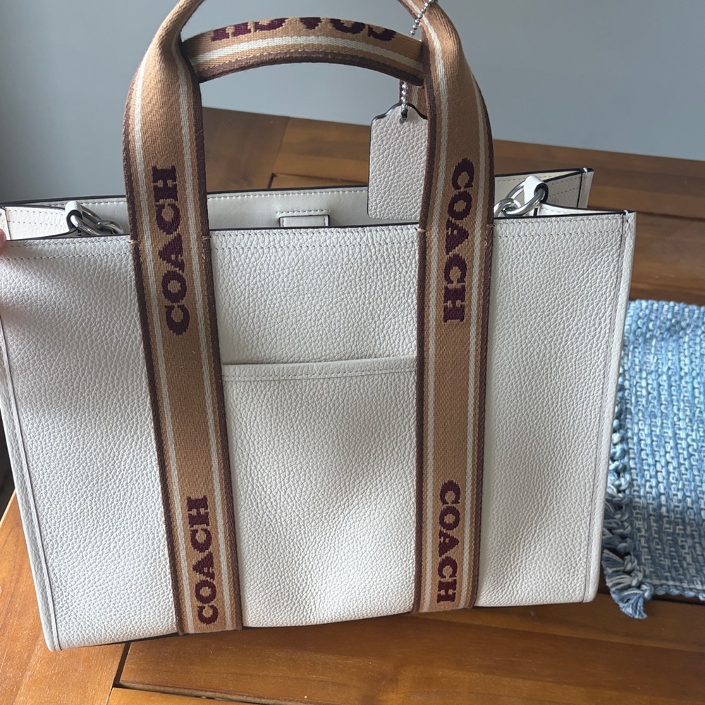 Coach Cream Pebbled Leather Tote with Tan Logo Webbing Straps, new without tags - Picture 2 of 3